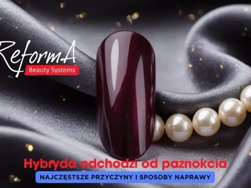 Ciemny, błyszczący lakier hybrydowy na tle jedwabiu i pereł. Temat: zapowietrzenie paznokcia i jego naprawa.