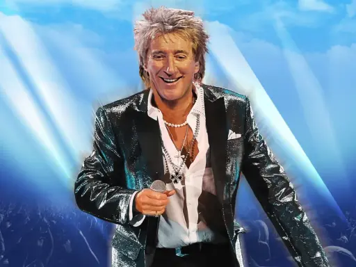 Rod Stewart i Stockholm, glittrig kavaj och mikrofon i hand, framför en jublande publik under strålkastarljus.