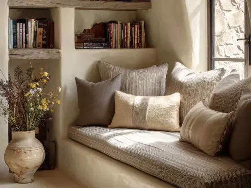 Un rincón de lectura acogedor con libros en estantes rústicos, cojines mullidos y un jarrón con flores silvestres.