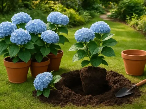 Plantation d'hortensias bleus en pot. L'entretien de ces magnifiques fleurs commence par un bon rempotage.