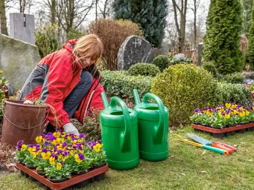 Kobieta sadzi bratki na cmentarzu, otoczona zielonymi krzewami i narzędziami ogrodniczymi.