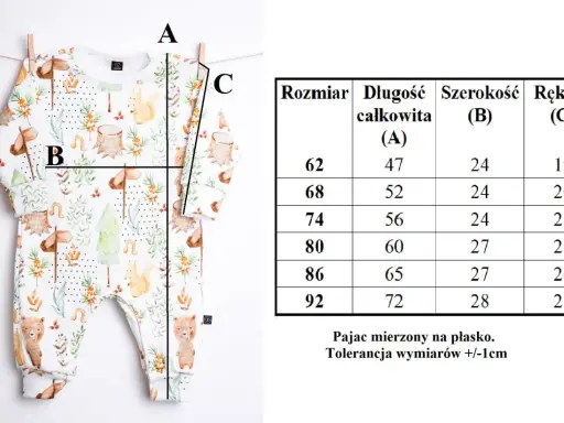 Tabela rozmiarów pajaca z motywem zwierzątek. Sprawdź, jaki rozmiar dla noworodka będzie najlepszy, porównując wymiary A, B, C.