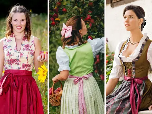 Drei Frauen in Tracht mit verschiedenen Dirndl-Looks. Eine mit einfacher Wiesn Frisur, eine beim Apfelpflücken und eine mit Schmuck.