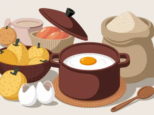 Ingrédients pour une spécialité auvergnate : poires, œufs, farine et une omelette en préparation.