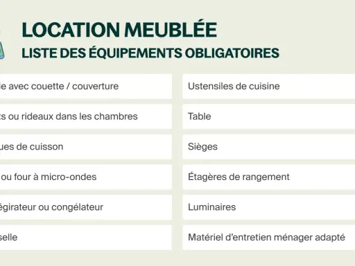 Liste des équipements obligatoires pour une location meublée : vaisselle, literie, cuisine, etc.