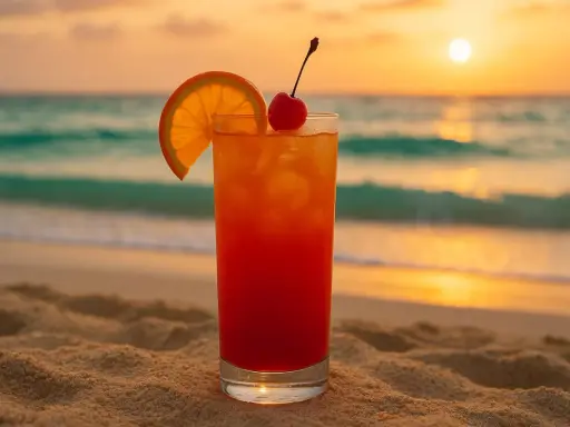 Koktajl "Sex on the Beach" na piasku, z widokiem na ocean i zachód słońca. Idealny na wakacje.