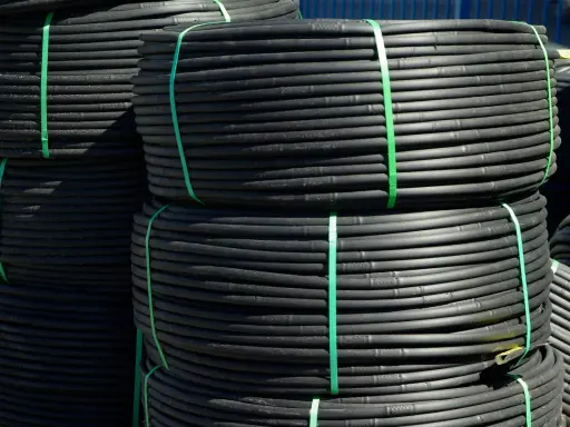 Rouleaux de tube plastique flexible noir, attachés par des sangles vertes, prêts pour l'irrigation.
