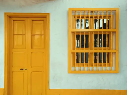 Une porte et une fenêtre avec un encadrement de porte couleur différente, le tout peint en jaune vif sur un mur blanc texturé.
