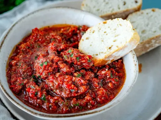 Schüssel mit würzigem Acili Ezme, einem scharfen türkischen Dip aus Tomaten und Paprika, serviert mit frischem Brot.
