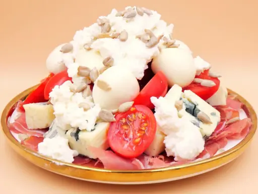 Wykwintna sałatka z szynką parmeńską, serami pleśniowymi, pomidorkami i słonecznikiem.