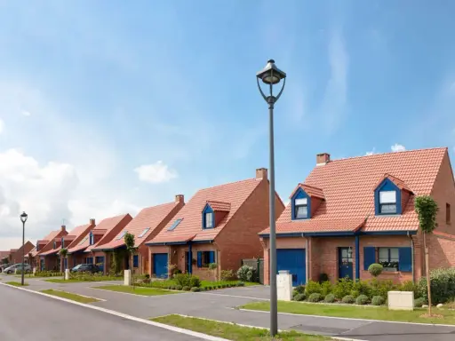 Vue d'une rue bordée de maisons de lotissement aux toits rouges et volets bleus, sous un ciel d'été.