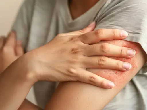Ręka z zaczerwienioną, swędzącą wysypką. Szukamy skutecznego pokrzywka leczenie domowe.