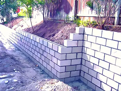 Un muro de contención de bloques de hormigón se está construyendo en un jardín, con tierra y vegetación detrás.
