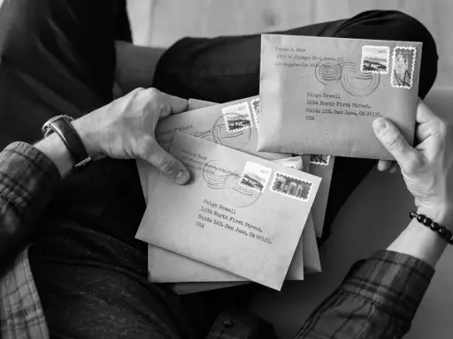 Dłonie trzymają stertę kopert, jakby przygotowywano korespondencję do osoby zmarłej. Na kopertach widnieją adresy i znaczki pocztowe.