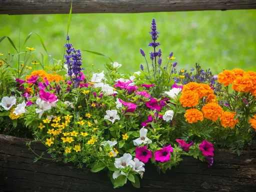 Un pot de **plante plein soleil** débordant de fleurs colorées : pétunias roses et blancs, œillets d'Inde orange vif et petites fleurs jaunes.