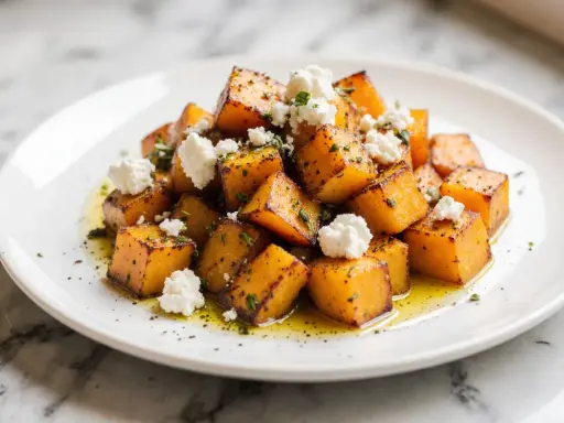 Chrupiące bataty z airfryer, posypane serem feta i ziołami, polane oliwą. Pyszna przekąska!