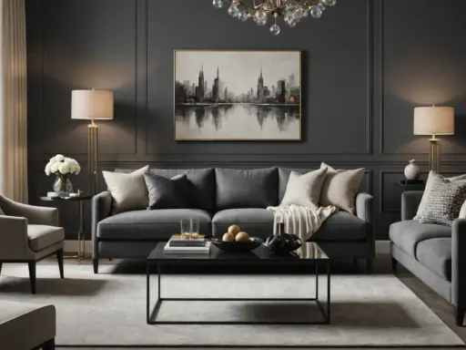 Salon moderne aux tons gris anthracite et beige, avec canapé, fauteuils, table basse et tableau de ville.