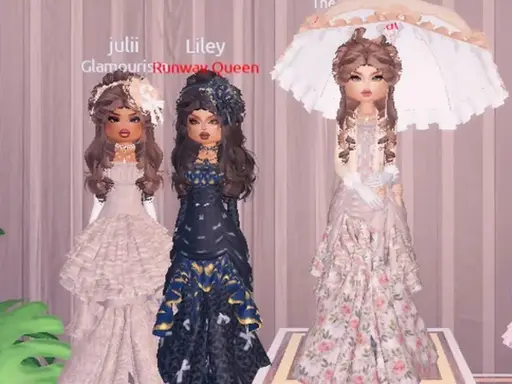Three avatars in elaborate gowns, ready to impress with a dress to impress theme. One wears a ruffled white gown, another a dark blue and gold dress, and the third a floral gown under a parasol.