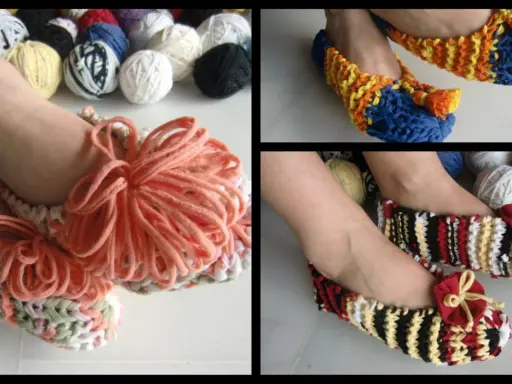 Patrón zapatillas trapillo: zapatillas tejidas a mano con trapillo de colores, con pompones y lazos.