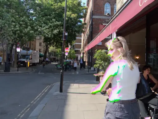 Mujer rubia con una camiseta blanca y pantalones cortos grises, su imagen muestra una **aberración cromática** con bordes verdes y rosados.