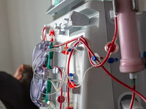 Dializa to często długotrwałe leczenie, ale nie zawsze jest do końca życia. Maszyna do dializy z czerwonymi i przezroczystymi przewodami.