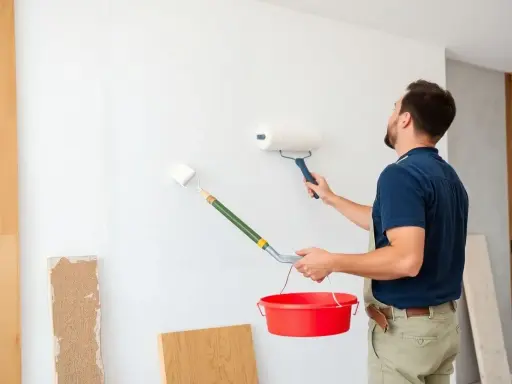 Un peintre applique une sous-couche blanche sur un mur avec deux rouleaux. Il tient un seau rouge. Peut-on mettre 2 couches de sous-couche pour un meilleur résultat ?
