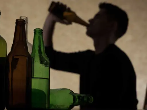 Sylwetka mężczyzny pije z butelki. Obok stoją puste i pełne butelki. Ile trzyma 250 ml wódki?