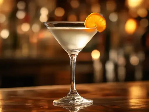 Elegancki martini, idealny james bond drink, z plasterkiem pomarańczy na krawędzi kieliszka, na tle rozmytego baru.