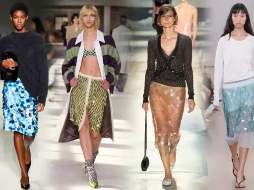 Modelli sfilano con gonne a paillettes in varie tonalità: bordeaux, blu, verdi, oro e azzurre. Ecco come abbinare gonna paillettes oro per un look scintillante.