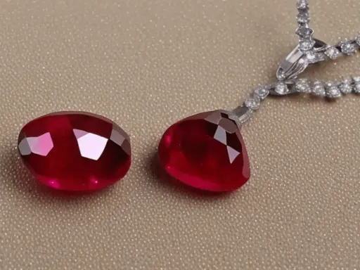 Due magnifiche pietre rosse, tagliate a goccia e ovali, brillano accanto a una collana di diamanti scintillanti.