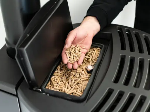 Dłoń wsypuje pellet do zasobnika kotła. Kocioł gazowy 20 kW do jakiej powierzchni? To pytanie, na które odpowiedź znajdziesz, analizując jego moc.