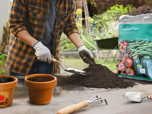 Un jardinier prépare un terreau potager, idéal pour les légumes, avec une jeune pousse de tomate.