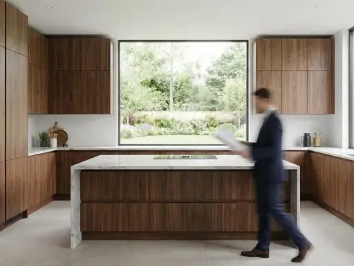 Cuisine en U de petite surface, 5m2, avec îlot central et grandes fenêtres offrant une vue sur le jardin. Meubles en bois de noyer.