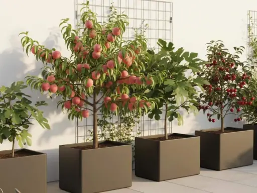 Un petit arbre fruitier, chargé de pêches roses, trône au milieu d'autres arbres en pot sur une terrasse ensoleillée.