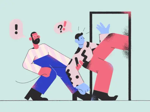 Ilustracja dwóch mężczyzn przy drzwiach, jeden próbuje wejść, drugi go powstrzymuje.
