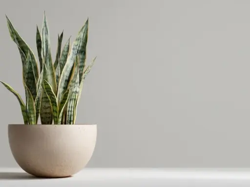 Planta lengua de suegra en maceta beige. Sus hojas verdes y amarillas apuntan hacia arriba, perfectas para interiores.