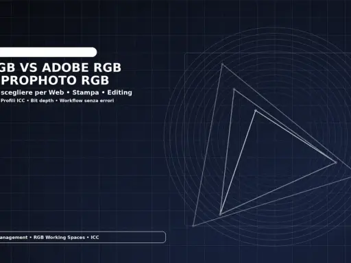 Confronto SRGB, Adobe RGB, ProPhoto RGB per editing e stampa. Grafica in formato Photoshop con diagrammi di gamut.