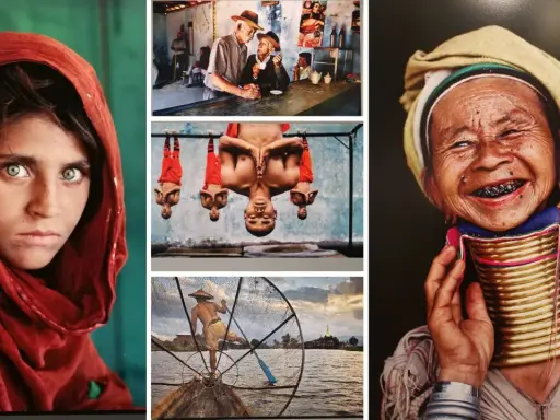 Opera d'arte di Steve McCurry: ritratto di bambina afghana, monaci in posa, pescatore e donna con anelli al collo.
