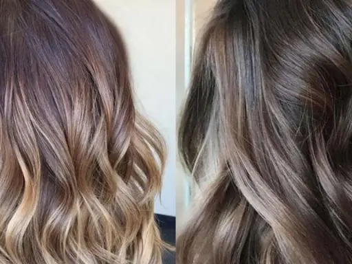 Dos estilos de cabello con mechas difuminadas: uno con tonos rubios y castaños, el otro más oscuro con reflejos grises.