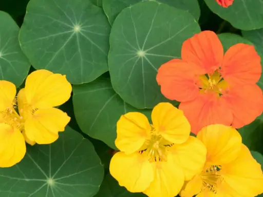 Capucines jaunes et orange sur fond de feuilles vertes.