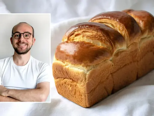 Un homme souriant à côté d'une brioche dorée. La cuisson de cette brioche, avec ou sans chaleur tournante, a donné un résultat parfait.