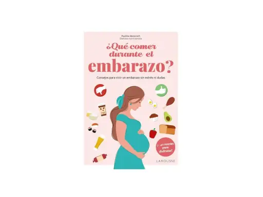 Portada de libro "¿Qué comer durante el embarazo?". Ilustra una mujer embarazada rodeada de alimentos, con consejos para una gestación sin dudas.