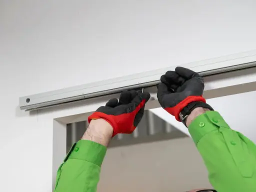 Man con guantes rojos y negros instala riel para puerta corredera.