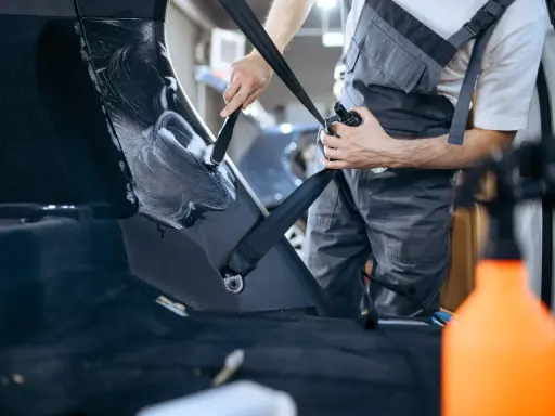 Ręczne polerowanie plastiku w bagażniku samochodu. Czystość i blask dzięki starannej pracy.