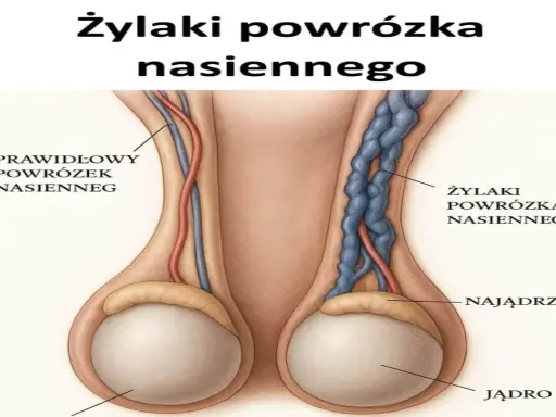 Ilustracja porównuje prawidłowy powrózek nasienny z żylakami powrózka nasiennego. Tak, czy z żylakami powrózka nasiennego można żyć, choć mogą wpływać na płodność.