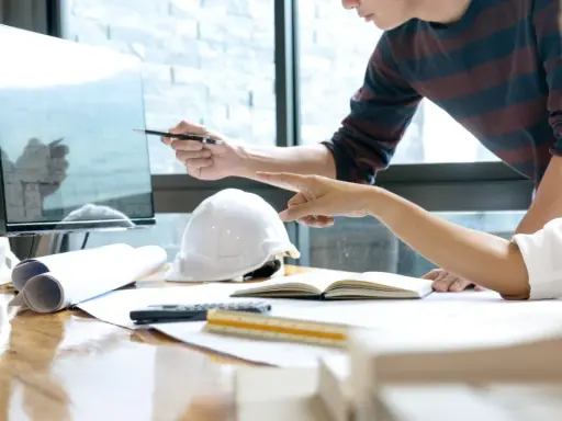 Deux architectes discutent d'un plan sur un écran, utilisant un système de gestion de contenu d'entreprise pour organiser leurs documents.