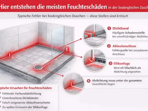 Feuchteschäden in der bodengleichen Dusche entstehen oft an Dichtbändern, Ablaufanschlüssen und Silikonfugen. Die Grafik zeigt kritische Stellen.