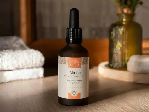 Flacon d'huile d'abricot illuminatrice, pour le visage et le corps. Découvrez les huile d'abricot bienfaits pour une peau éclatante.