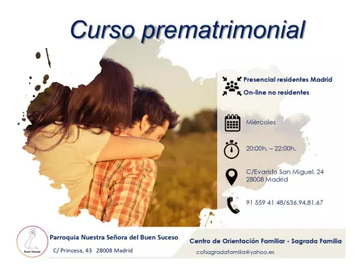 Pareja abrazada, anuncio de curso prematrimonial en Madrid. Miércoles de 20h a 22h.