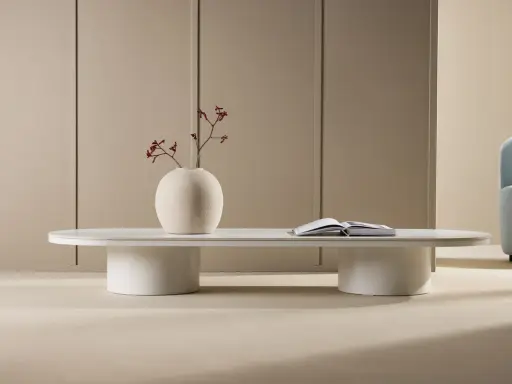 Vitt, ovalt soffbord med en vas med blommor och en öppen bok. Perfekt för att visa soffbord mått i ett stilrent hem.
